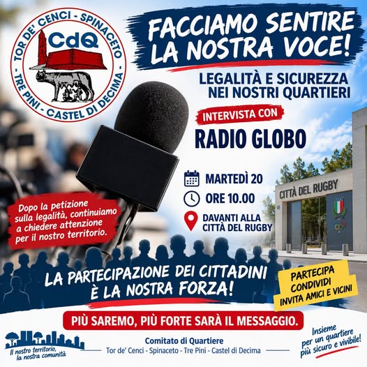 Petizione sulla legalità ed il degrado, problematiche sulla sicurezza ed esigenze dei nostri quartieri. Intervista davanti all'ex Città del Rugby